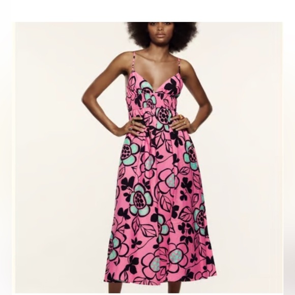 ZARA Pink with Flowers Black & Blue Maxi dress - Picture 5 of 5